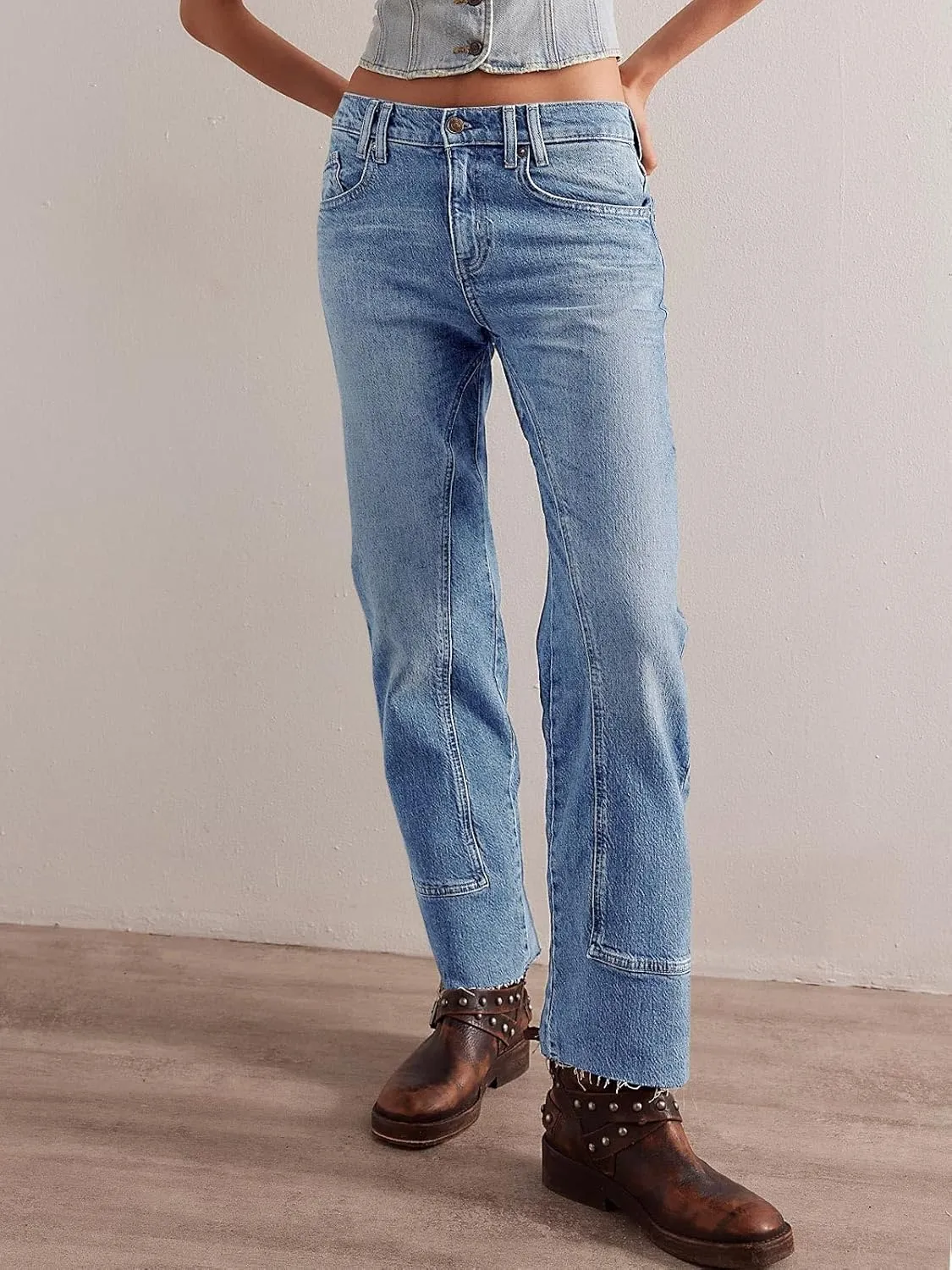 Cicy Bell Womens Straight Leg Stretchy Jeans High Waisted Front Seam Cropped Ankle Denim Pants with Pockets
