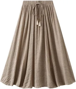 Cotton Linen Skirts for Women Stretchy High Waisted A Line Skirts Vintage Solid Color Drawstring Swing Midi Skirt