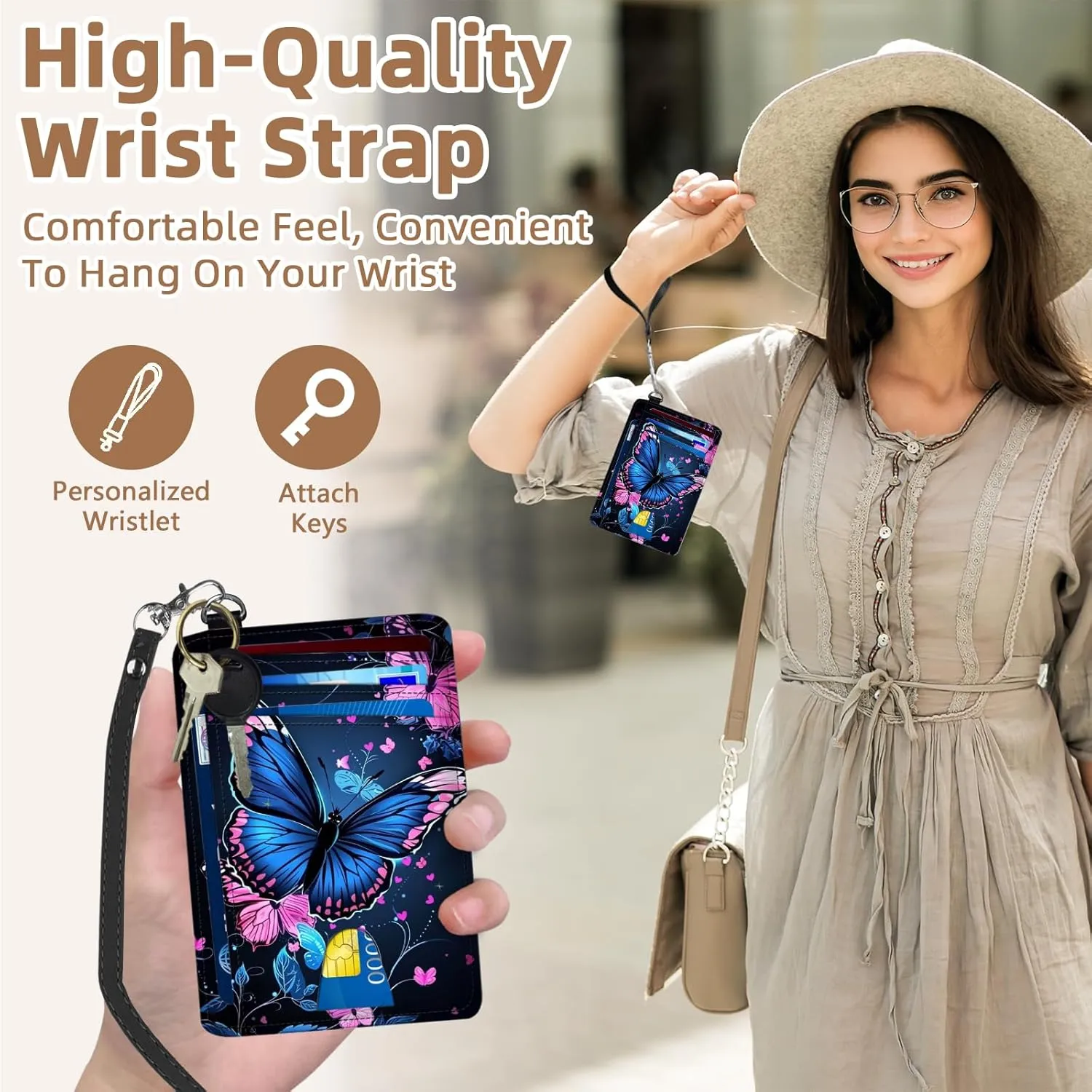 Credit Holder Slim Wallet, PU Leather RFID Blocking, Women & Men Front Pocket Colorful Butterflies Small Card Holder, Credit Card Wallet with Wristlet, Convenient Travel Business