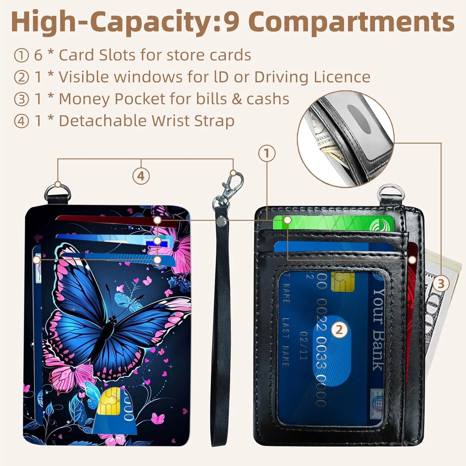 Credit Holder Slim Wallet, PU Leather RFID Blocking, Women & Men Front Pocket Colorful Butterflies Small Card Holder, Credit Card Wallet with Wristlet, Convenient Travel Business