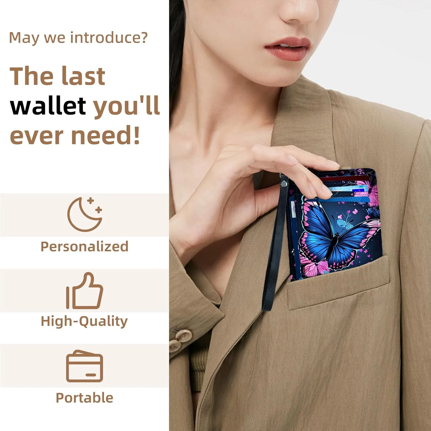 Credit Holder Slim Wallet, PU Leather RFID Blocking, Women & Men Front Pocket Colorful Butterflies Small Card Holder, Credit Card Wallet with Wristlet, Convenient Travel Business