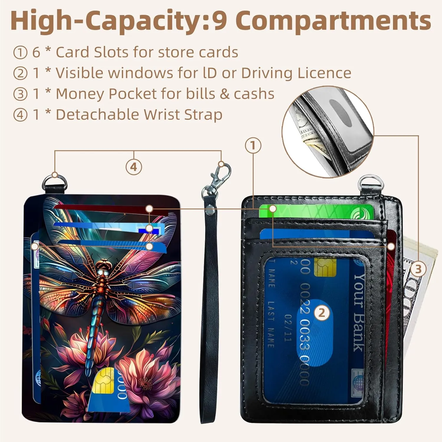Credit Holder Slim Wallet, PU Leather RFID Blocking, Women & Men Front Pocket Colorful Dragonfly Small Card Holder, Credit Card Wallet with Wristlet, Convenient Travel Business