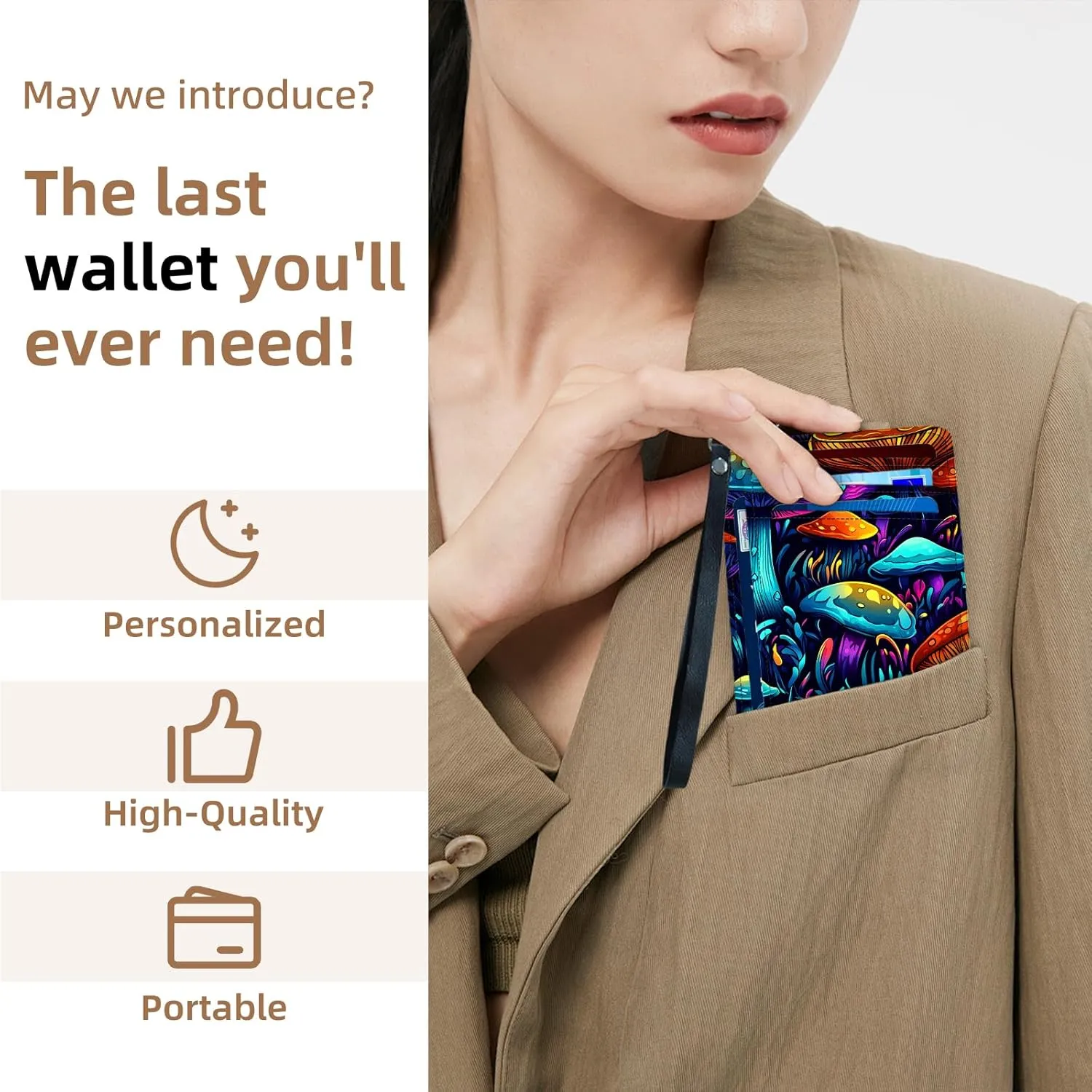 Credit Holder Slim Wallet, PU Leather RFID Blocking, Women & Men Front Pocket Colorful Mushrooms Small Card Holder, Credit Card Wallet with Wristlet, Convenient Travel Business