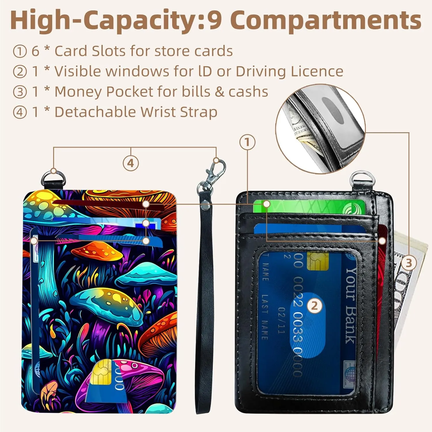 Credit Holder Slim Wallet, PU Leather RFID Blocking, Women & Men Front Pocket Colorful Mushrooms Small Card Holder, Credit Card Wallet with Wristlet, Convenient Travel Business
