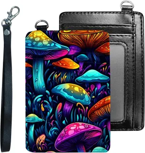 Credit Holder Slim Wallet, PU Leather RFID Blocking, Women & Men Front Pocket Colorful Mushrooms Small Card Holder, Credit Card Wallet with Wristlet, Convenient Travel Business