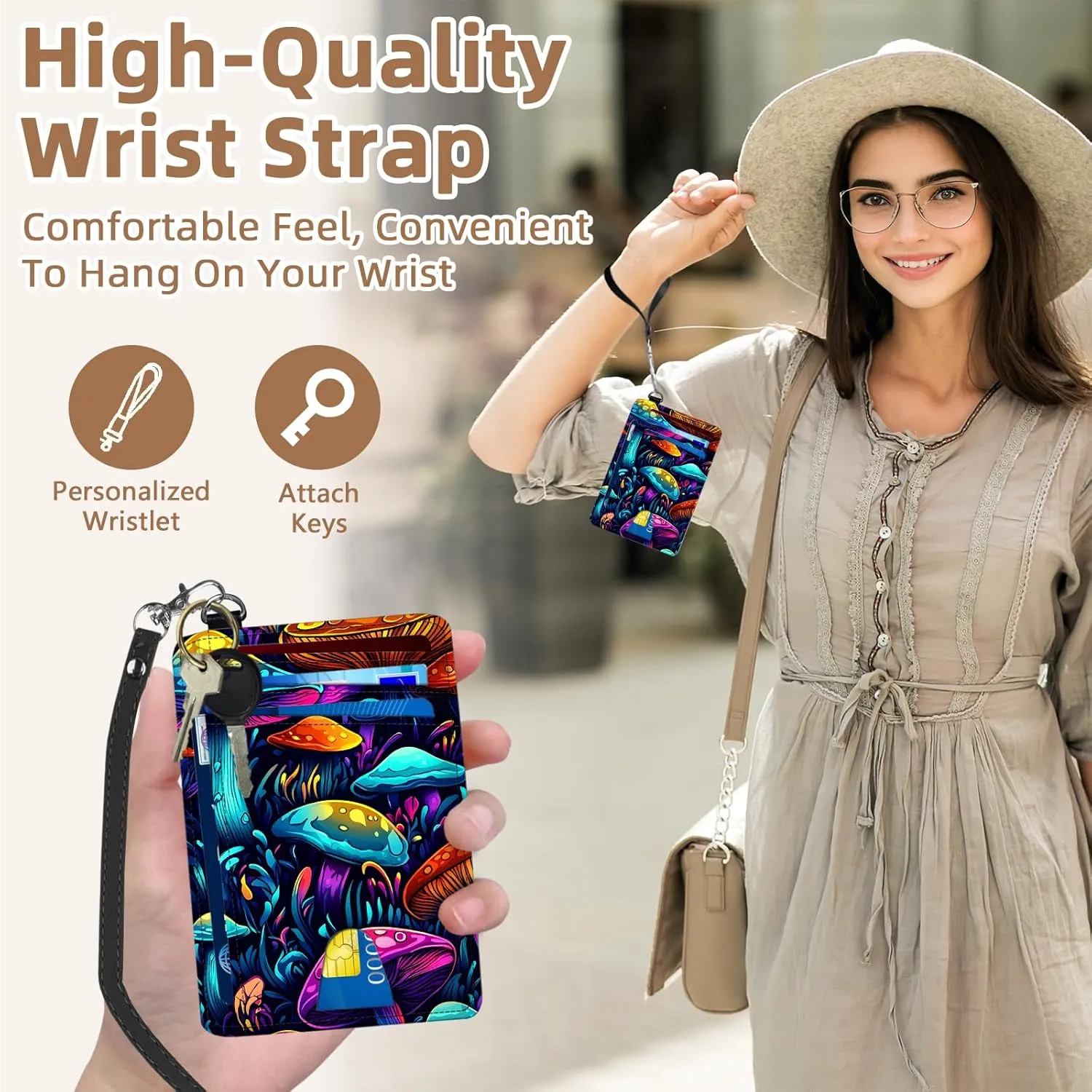 Credit Holder Slim Wallet, PU Leather RFID Blocking, Women & Men Front Pocket Colorful Mushrooms Small Card Holder, Credit Card Wallet with Wristlet, Convenient Travel Business