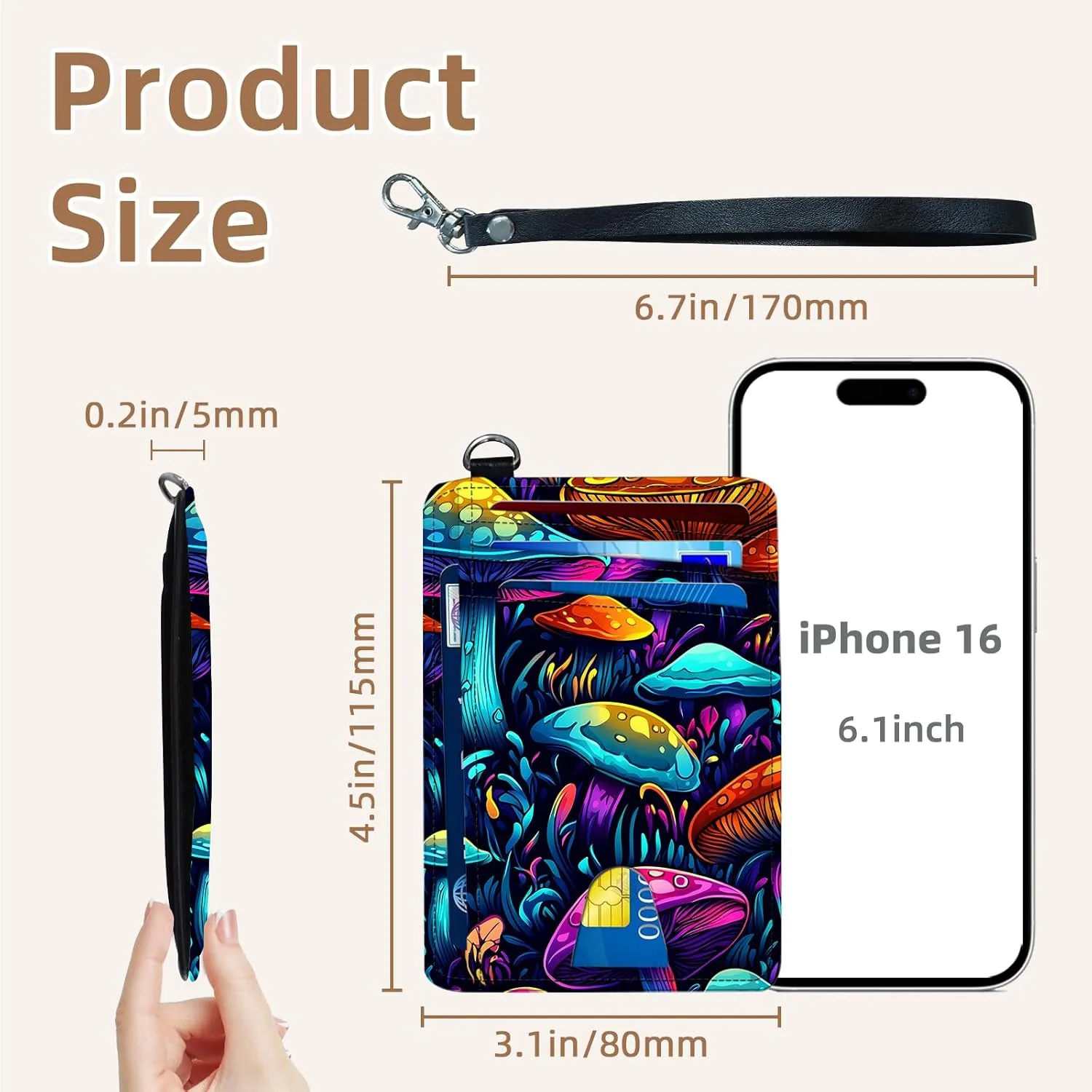 Credit Holder Slim Wallet, PU Leather RFID Blocking, Women & Men Front Pocket Colorful Mushrooms Small Card Holder, Credit Card Wallet with Wristlet, Convenient Travel Business