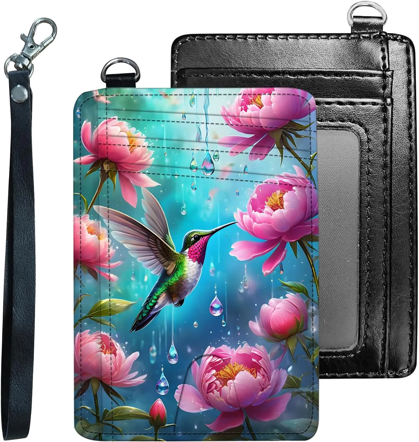 Credit Holder Slim Wallet, PU Leather RFID Blocking, Women & Men Front Pocket Hummingbird Garden Small Card Holder, Credit Card Wallet with Wristlet, Convenient Travel Business