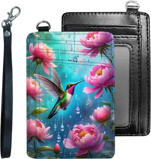 Credit Holder Slim Wallet, PU Leather RFID Blocking, Women & Men Front Pocket Hummingbird Garden Small Card Holder, Credit Card Wallet with Wristlet, Convenient Travel Business