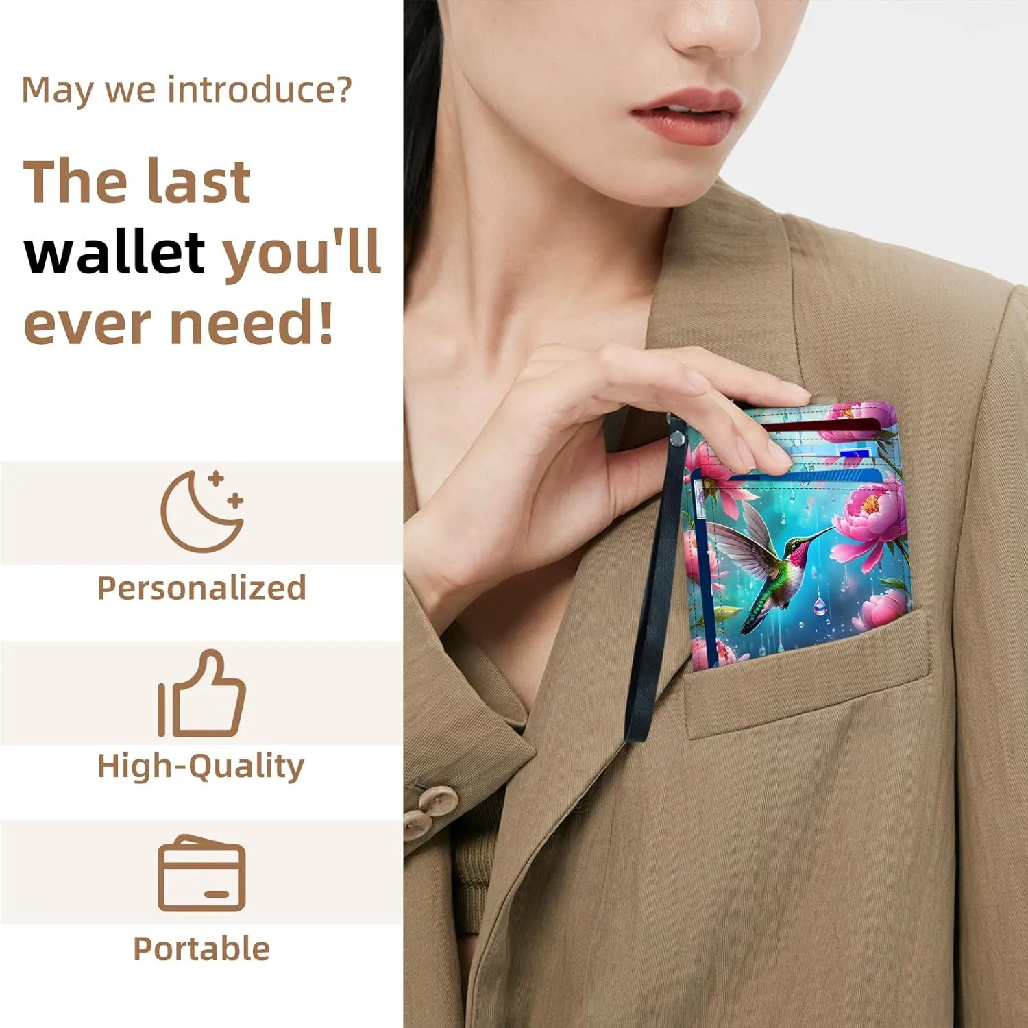 Credit Holder Slim Wallet, PU Leather RFID Blocking, Women & Men Front Pocket Hummingbird Garden Small Card Holder, Credit Card Wallet with Wristlet, Convenient Travel Business