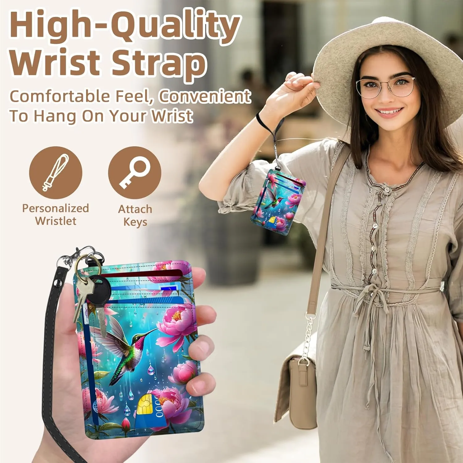 Credit Holder Slim Wallet, PU Leather RFID Blocking, Women & Men Front Pocket Hummingbird Garden Small Card Holder, Credit Card Wallet with Wristlet, Convenient Travel Business