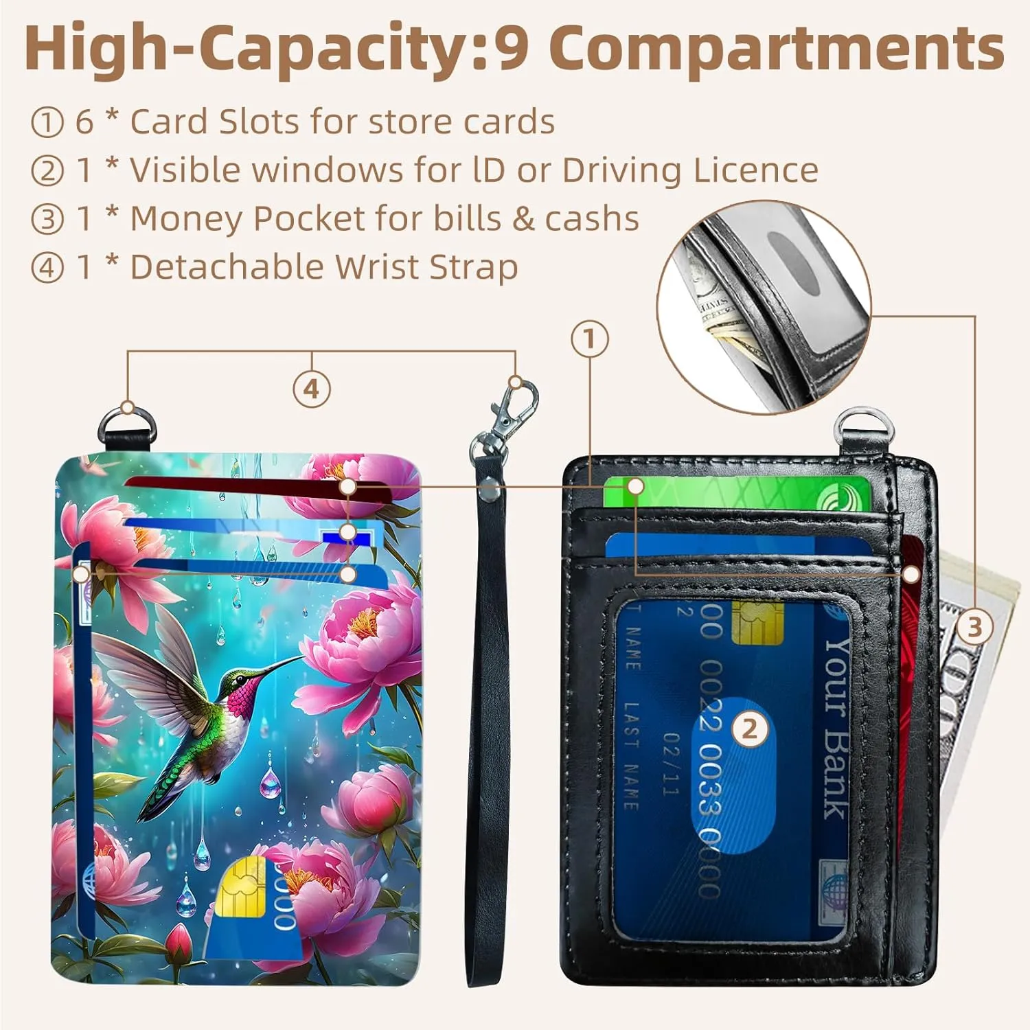 Credit Holder Slim Wallet, PU Leather RFID Blocking, Women & Men Front Pocket Hummingbird Garden Small Card Holder, Credit Card Wallet with Wristlet, Convenient Travel Business