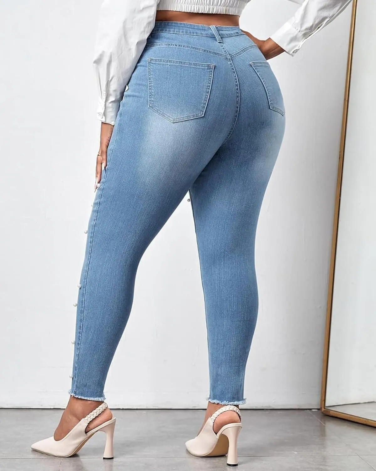 Cyparel Women's Stretch Skinny Jeans Pearl Beaded Fringe Tassels Frayed Butt Lifting Slim Fit Denim Pants