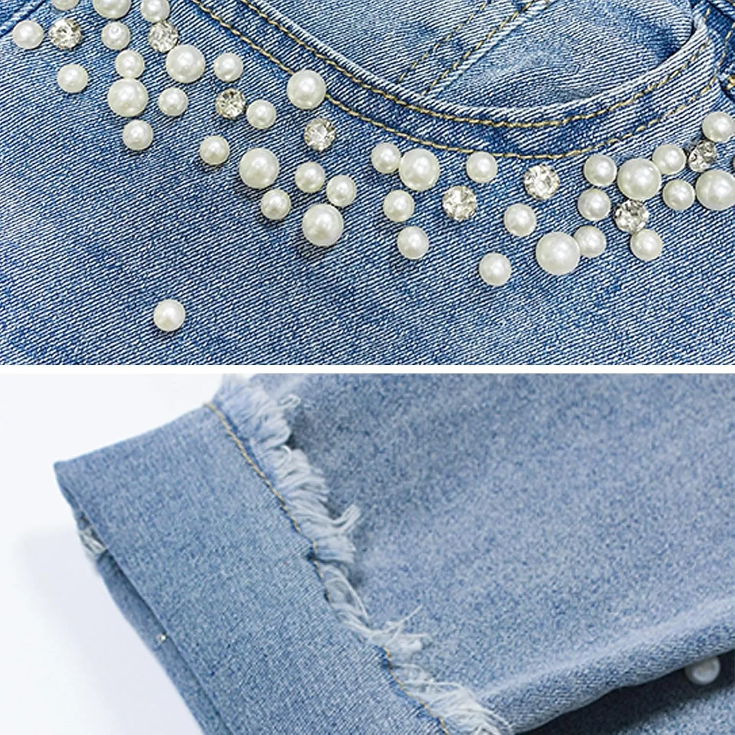 Cyparel Women's Stretch Skinny Jeans Pearl Beaded Fringe Tassels Frayed Butt Lifting Slim Fit Denim Pants