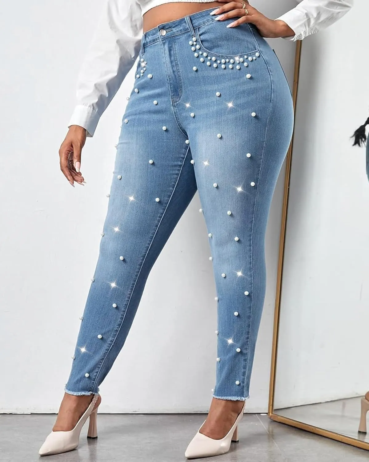 Cyparel Women's Stretch Skinny Jeans Pearl Beaded Fringe Tassels Frayed Butt Lifting Slim Fit Denim Pants