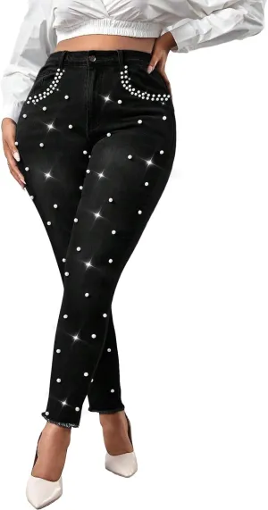Cyparel Women's Stretch Skinny Jeans Pearl Beaded Fringe Tassels Frayed Butt Lifting Slim Fit Denim Pants