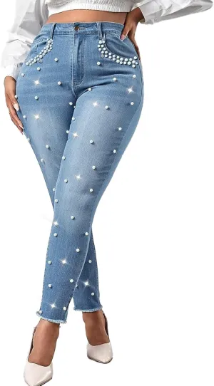 Cyparel Women's Stretch Skinny Jeans Pearl Beaded Fringe Tassels Frayed Butt Lifting Slim Fit Denim Pants