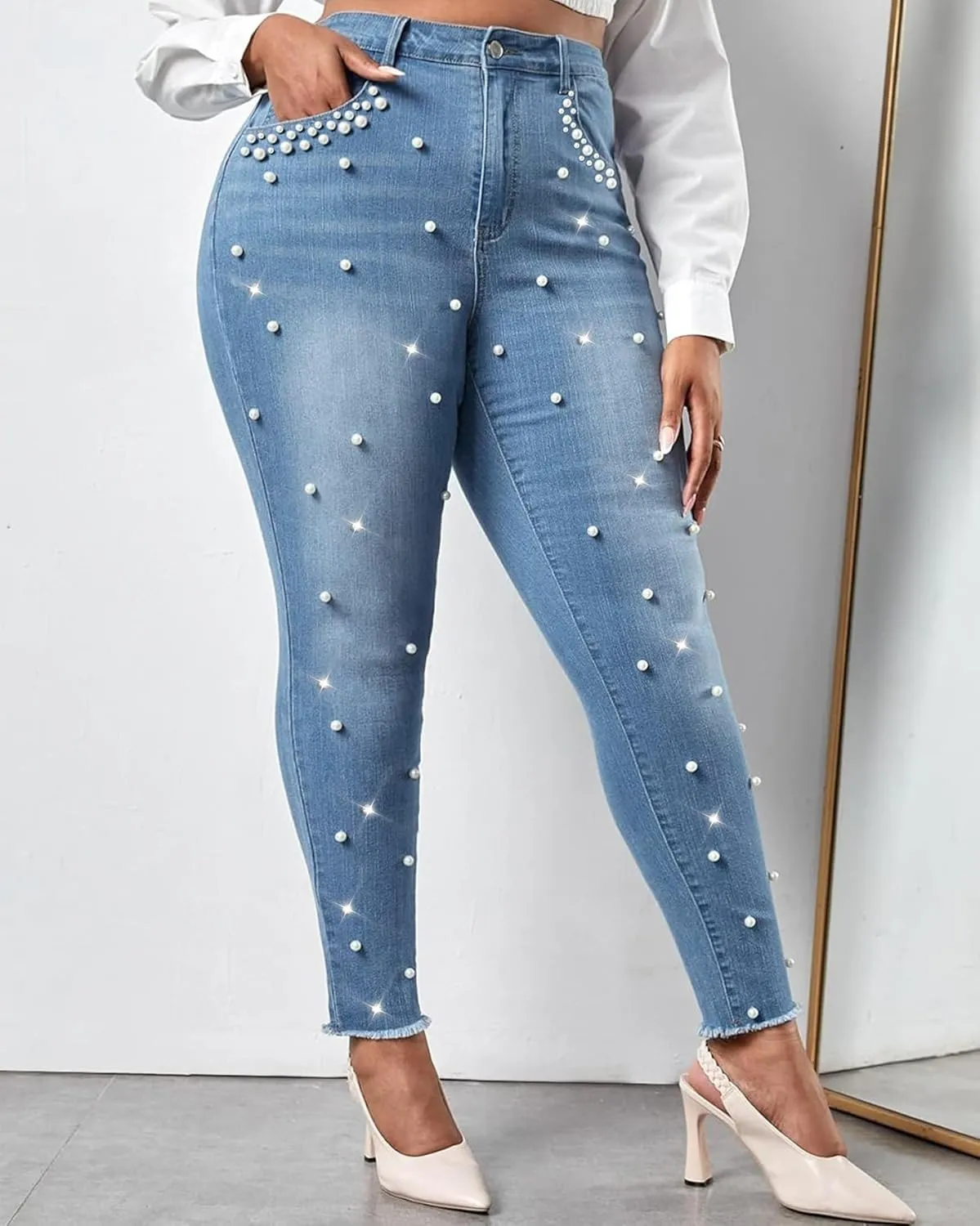 Cyparel Women's Stretch Skinny Jeans Pearl Beaded Fringe Tassels Frayed Butt Lifting Slim Fit Denim Pants
