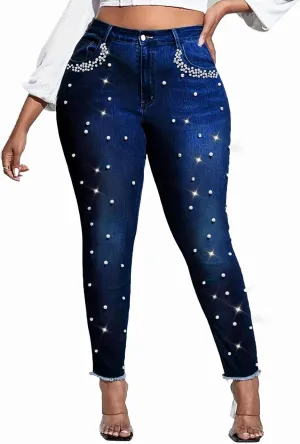 Cyparel Women's Stretch Skinny Jeans Pearl Beaded Fringe Tassels Frayed Butt Lifting Slim Fit Denim Pants