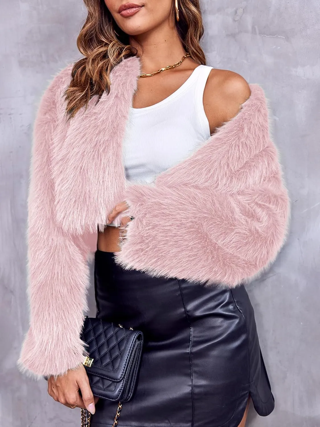 Danedvi Women's Fashion Cropped Faux Fur Jacket Long Sleeve Open Front Cardigan Casual Fluffy Parka Shaggy Short Coat