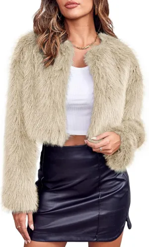 Danedvi Women's Fashion Cropped Faux Fur Jacket Long Sleeve Open Front Cardigan Casual Fluffy Parka Shaggy Short Coat