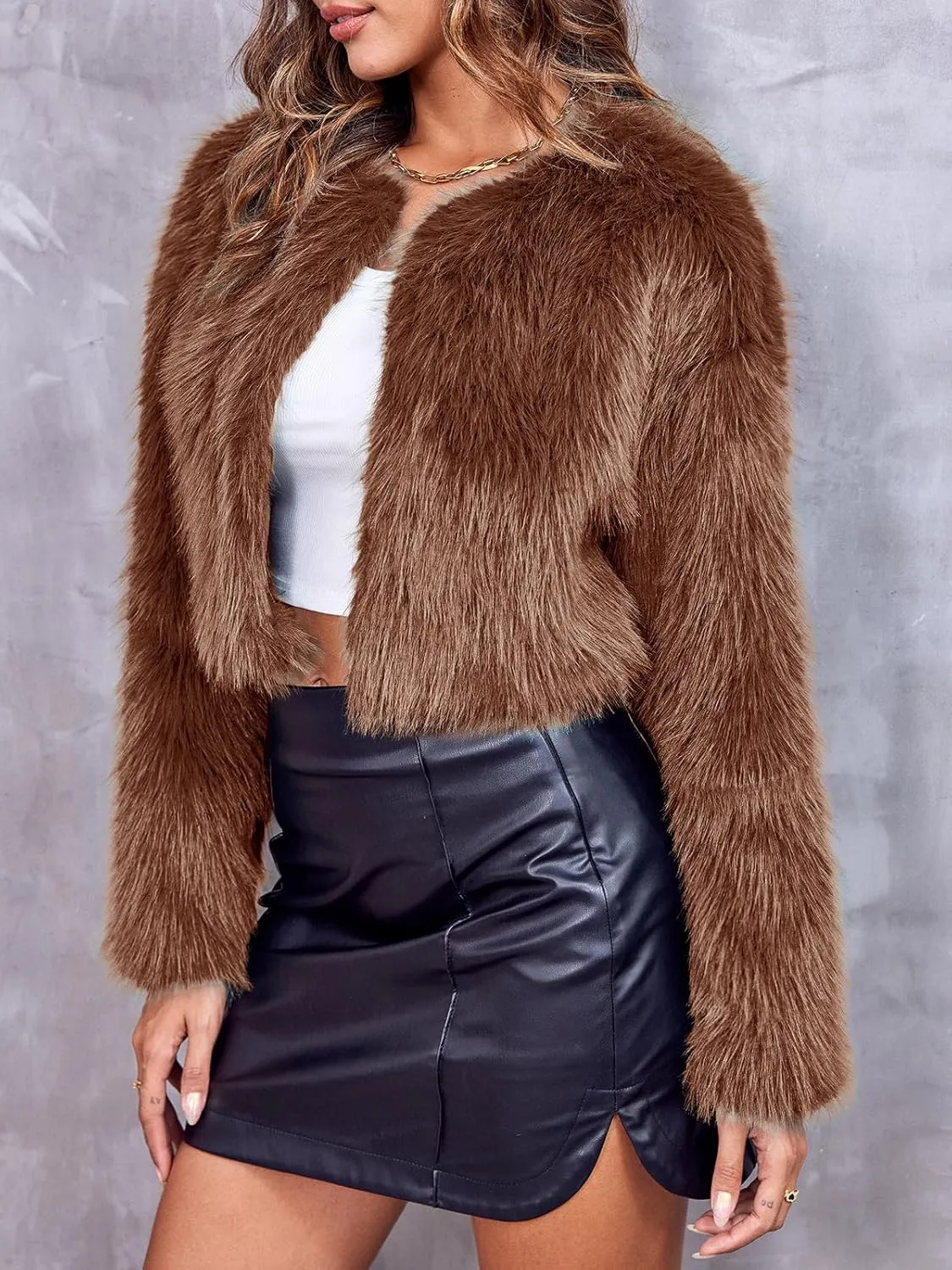 Danedvi Women's Fashion Cropped Faux Fur Jacket Long Sleeve Open Front Cardigan Casual Fluffy Parka Shaggy Short Coat
