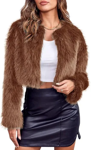 Danedvi Women's Fashion Cropped Faux Fur Jacket Long Sleeve Open Front Cardigan Casual Fluffy Parka Shaggy Short Coat