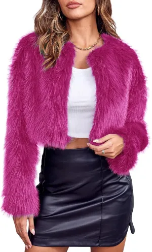 Danedvi Women's Fashion Cropped Faux Fur Jacket Long Sleeve Open Front Cardigan Casual Fluffy Parka Shaggy Short Coat