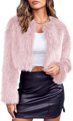 Danedvi Women's Fashion Cropped Faux Fur Jacket Long Sleeve Open Front Cardigan Casual Fluffy Parka Shaggy Short Coat