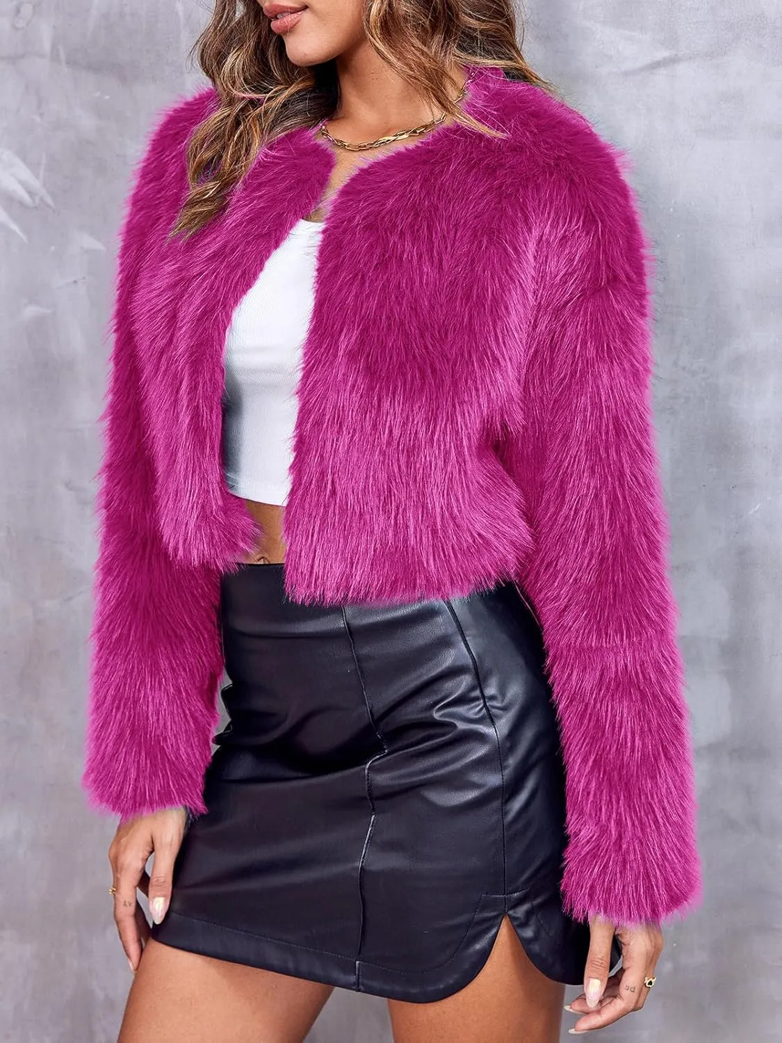 Danedvi Women's Fashion Cropped Faux Fur Jacket Long Sleeve Open Front Cardigan Casual Fluffy Parka Shaggy Short Coat