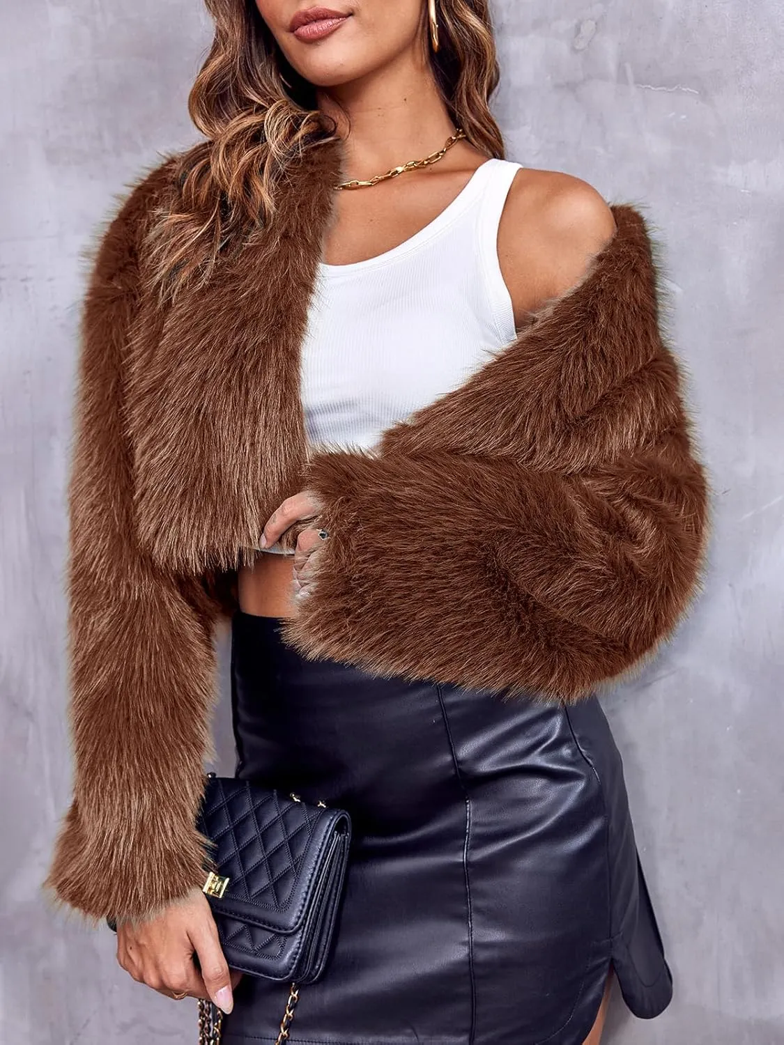 Danedvi Women's Fashion Cropped Faux Fur Jacket Long Sleeve Open Front Cardigan Casual Fluffy Parka Shaggy Short Coat