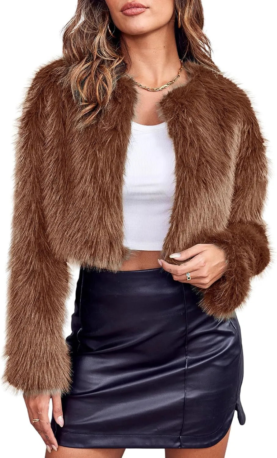Danedvi Women's Fashion Cropped Faux Fur Jacket Long Sleeve Open Front Cardigan Casual Fluffy Parka Shaggy Short Coat
