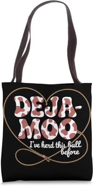 Deja Moo Funny Cow Print Design with Heart Lasso Rope Tote Bag