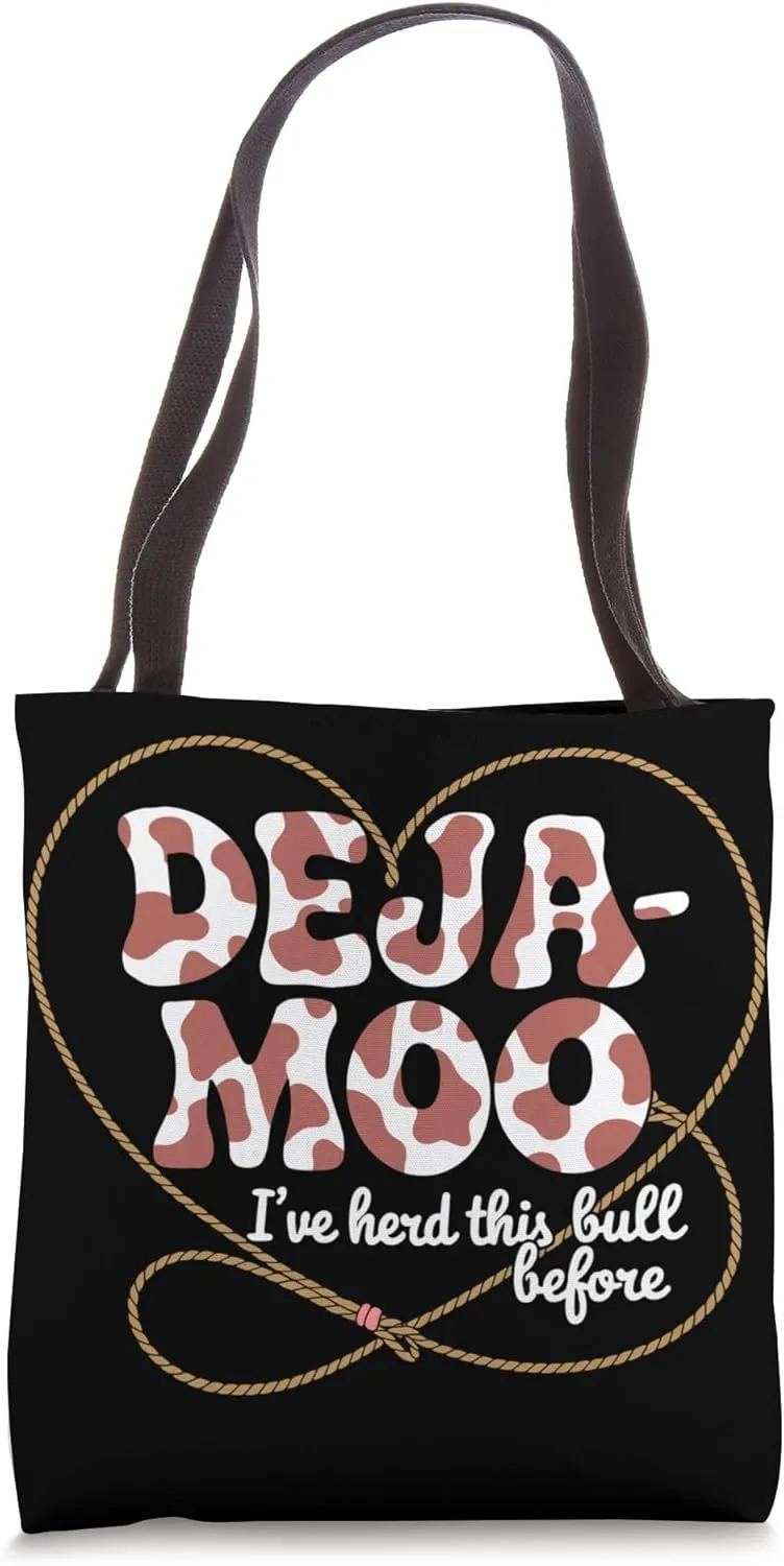Deja Moo Funny Cow Print Design with Heart Lasso Rope Tote Bag