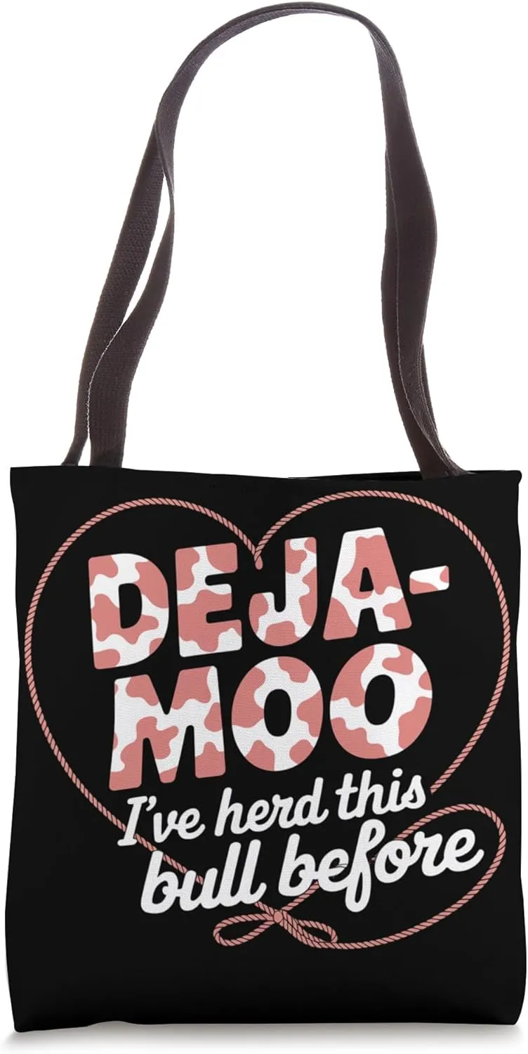 Deja Moo Funny Cow Print Design with Heart Lasso Rope Tote Bag
