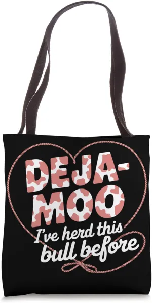 Deja Moo Funny Cow Print Design with Heart Lasso Rope Tote Bag