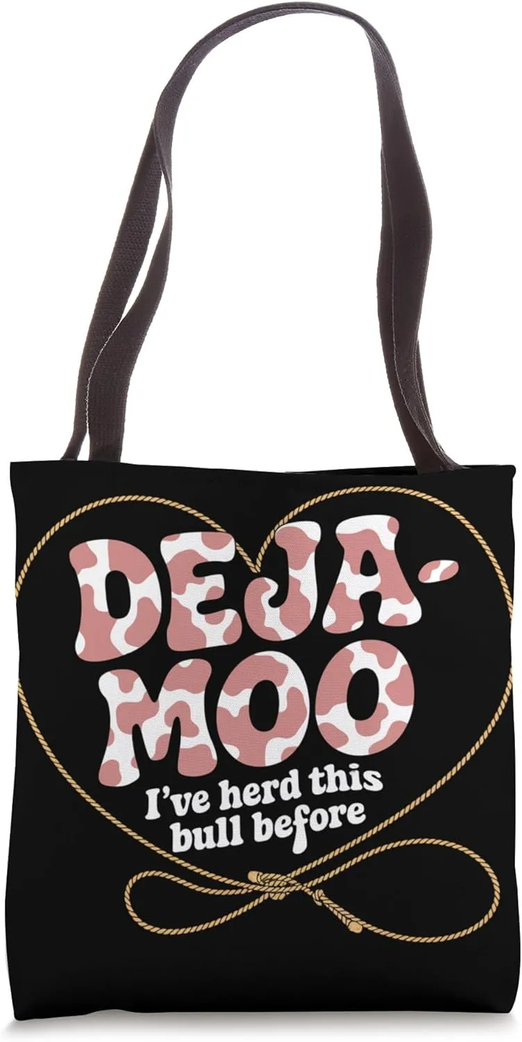 Deja Moo Funny Cow Print Design with Heart Lasso Rope Tote Bag