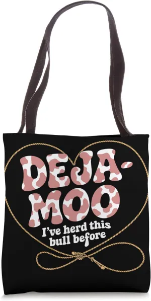 Deja Moo Funny Cow Print Design with Heart Lasso Rope Tote Bag