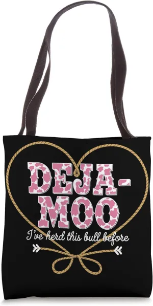 Deja Moo Funny Pink Cow Print Design with Rope Heart Tote Bag