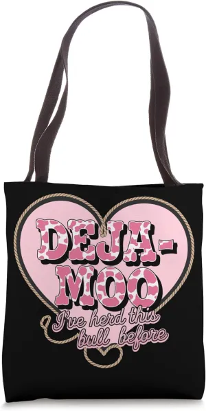 Deja Moo Funny Pink Cow Print Design with Rope Heart Tote Bag