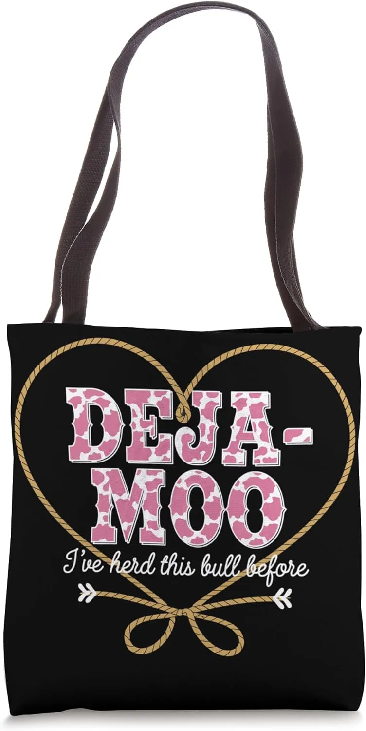 Deja Moo Funny Pink Cow Print Design with Rope Heart Tote Bag