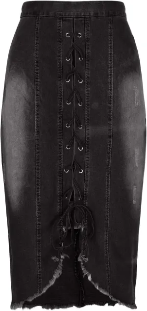 Denim Pencil Skirt Women Lace-up Front Bodycon Jeans Skirt High Waisted Tight Denim Skirts Gothic Punk Frayed Skirts