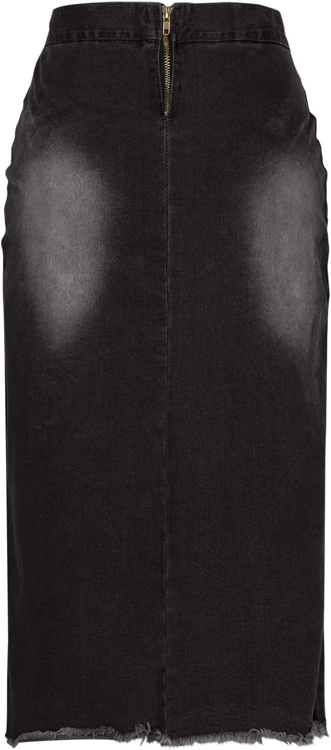 Denim Pencil Skirt Women Lace-up Front Bodycon Jeans Skirt High Waisted Tight Denim Skirts Gothic Punk Frayed Skirts