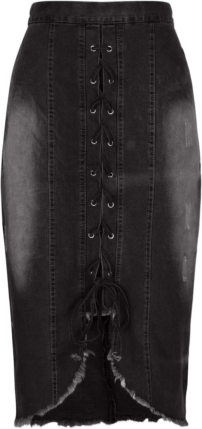 Denim Pencil Skirt Women Lace-up Front Bodycon Jeans Skirt High Waisted Tight Denim Skirts Gothic Punk Frayed Skirts
