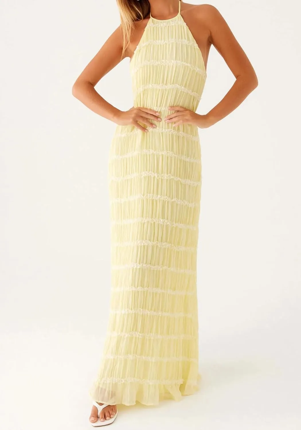 DINGANG Womens Summer Backless Smocked Maxi Dresses Spaghetti Strap Ruffle Tiered Flowy Beach Sundress