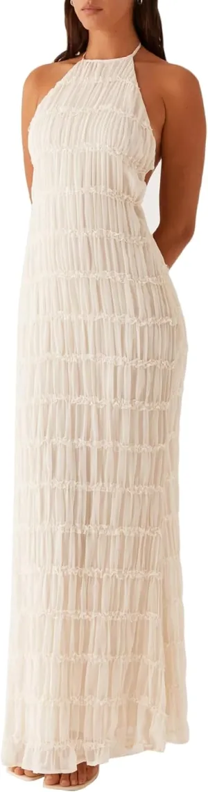 DINGANG Womens Summer Backless Smocked Maxi Dresses Spaghetti Strap Ruffle Tiered Flowy Beach Sundress