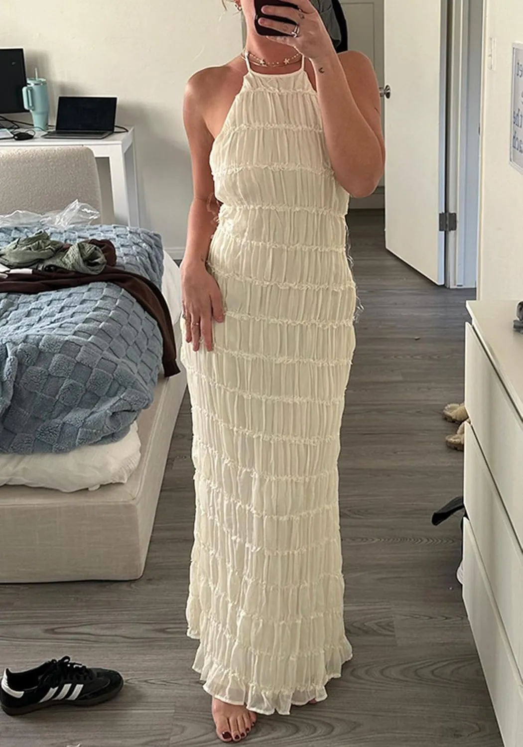 DINGANG Womens Summer Backless Smocked Maxi Dresses Spaghetti Strap Ruffle Tiered Flowy Beach Sundress