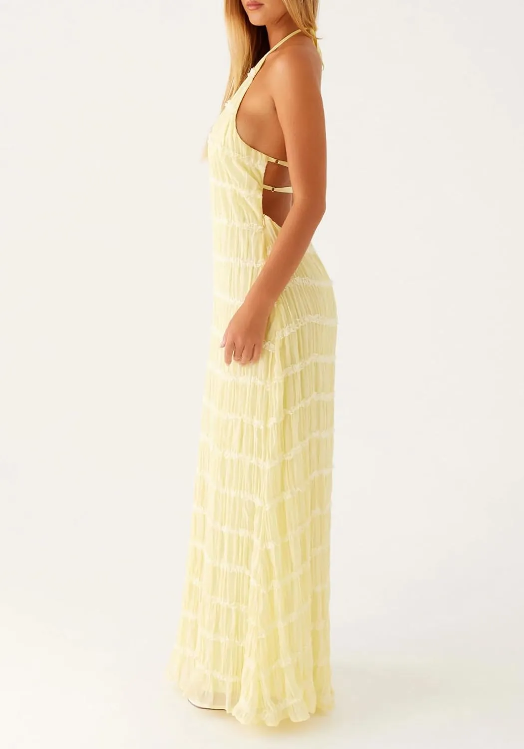 DINGANG Womens Summer Backless Smocked Maxi Dresses Spaghetti Strap Ruffle Tiered Flowy Beach Sundress