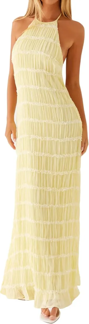 DINGANG Womens Summer Backless Smocked Maxi Dresses Spaghetti Strap Ruffle Tiered Flowy Beach Sundress