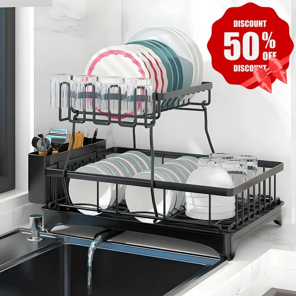 Dish Racks for Kitchen Counter, Kitchen Dish Drying Rack with Drainboard, Detachable Dish Drainers with Utensil Holders